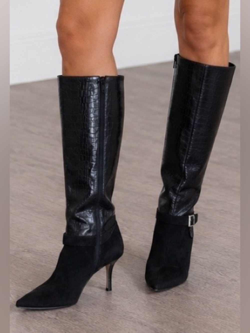 Max De Carlo Black Suede & Leather Croc Embossed Knee High Heeled Boots Size 8